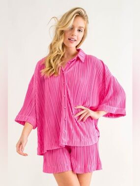 NWT! Pink Pleated Button-Up Shirts and Shorts Set